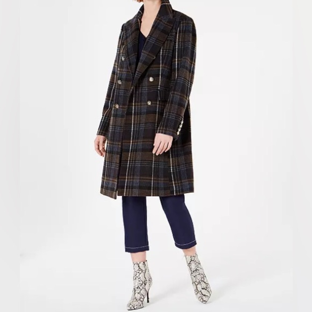 Vince Camuto Double Breasted Plaid Coat
